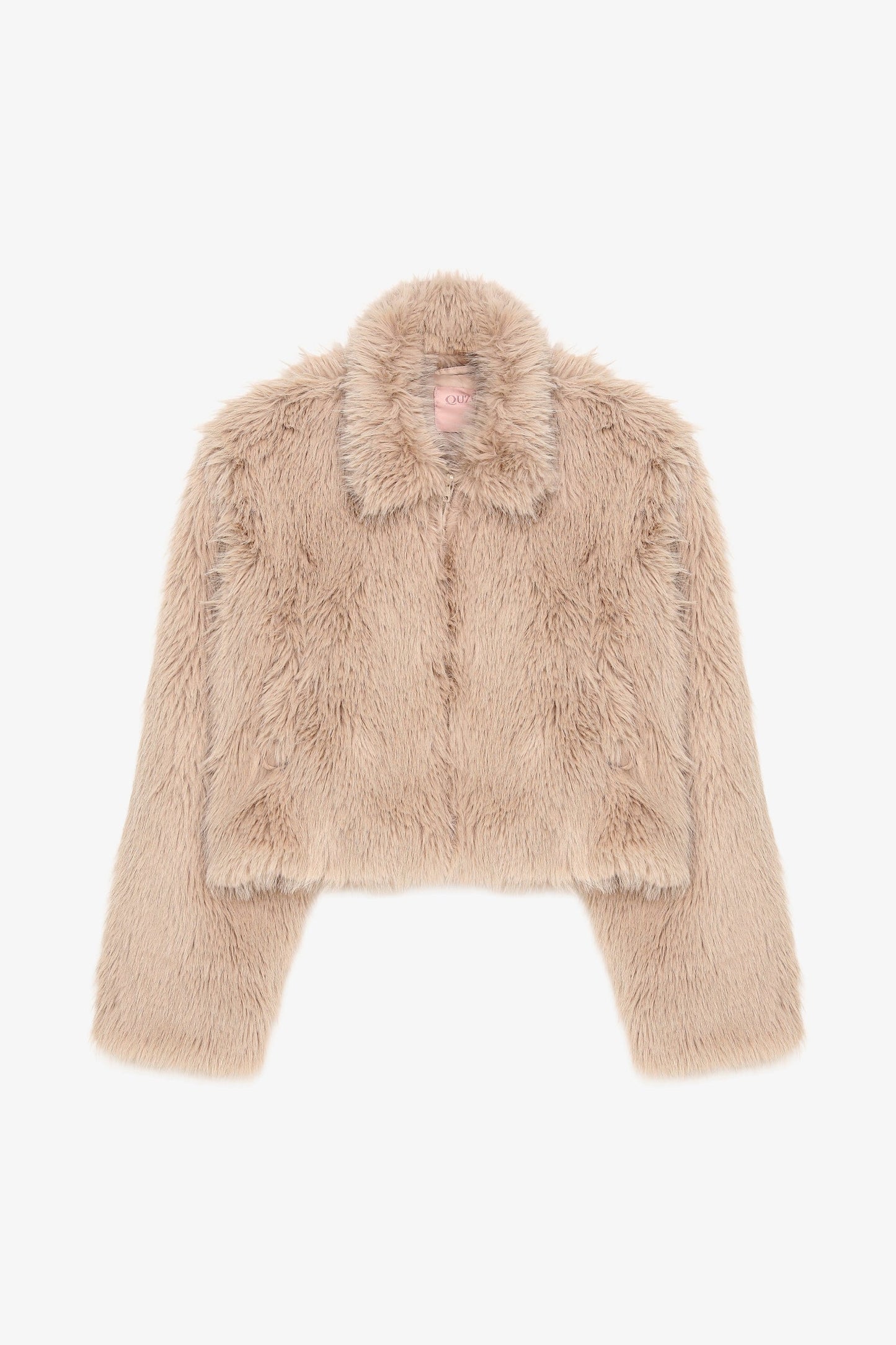 Fermuarlı Kısa Kürk Ceket Bej