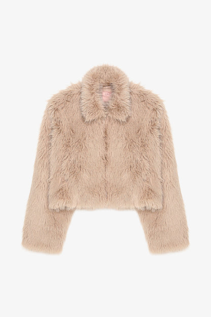 Fermuarlı Kısa Kürk Ceket Bej