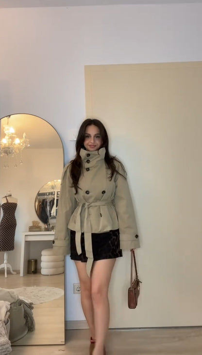 Trençkot Ceket Kuşaklı Yüksek Yaka