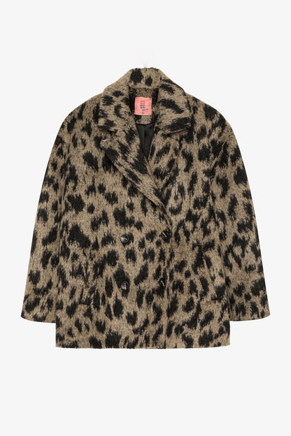 Leopar Desenli Oversize Kruvaze Kaban Bej