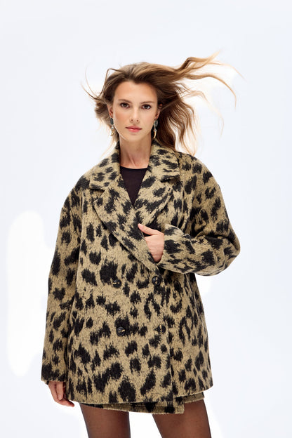 Leopar Desenli Oversize Kruvaze Kaban Bej