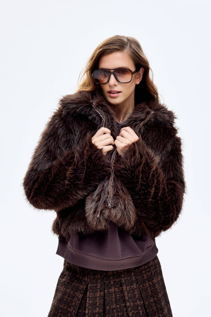 Fermuarlı Kısa Kürk Ceket Kahverengi