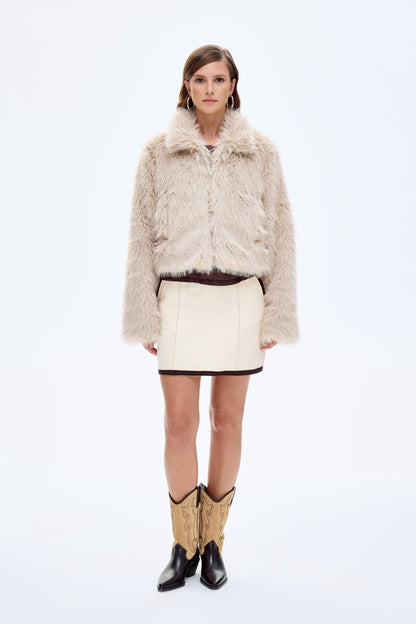 Fermuarlı Kısa Kürk Ceket Bej