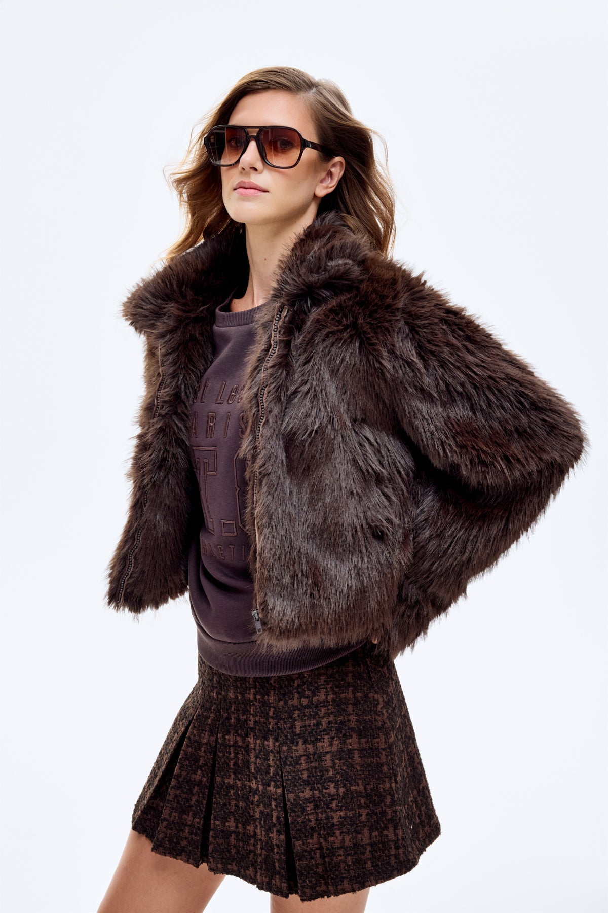 Fermuarlı Kısa Kürk Ceket Kahverengi