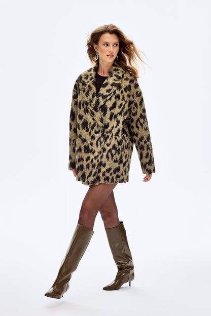 Leopar Desenli Oversize Kruvaze Kaban Bej