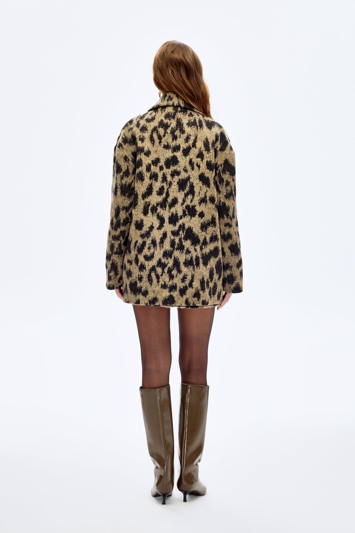 Leopar Desenli Oversize Kruvaze Kaban Bej