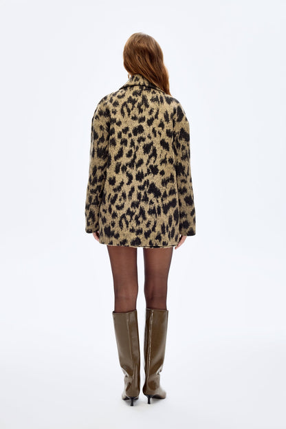 Leopar Desenli Oversize Kruvaze Kaban Bej