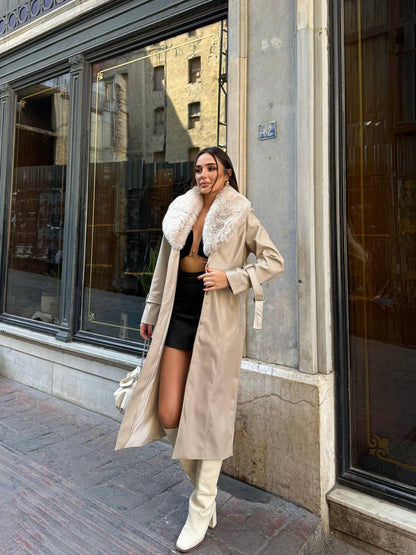 Zeyria Faux Fur Collar Leather Coat
