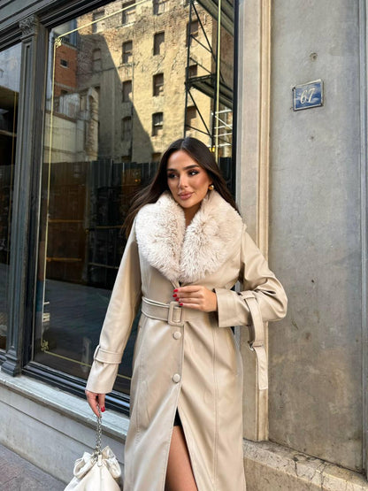 Zeyria Faux Fur Collar Leather Coat