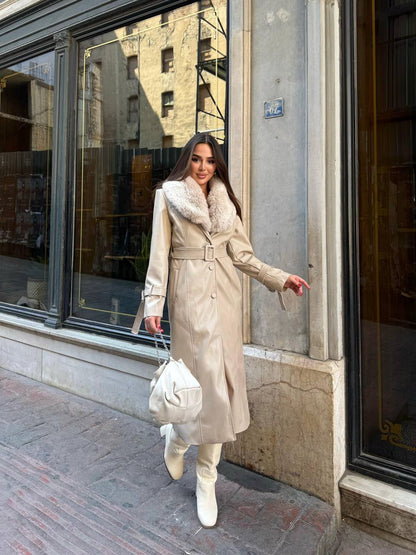 Zeyria Faux Fur Collar Leather Coat