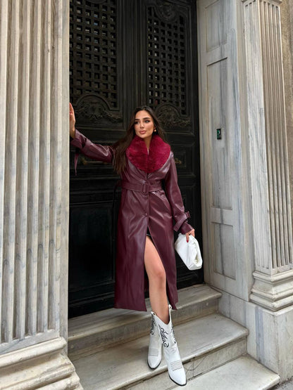 Zeyria Faux Fur Collar Leather Coat