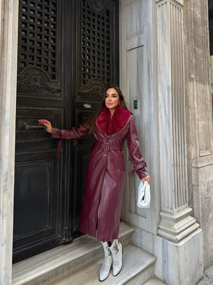 Zeyria Faux Fur Collar Leather Coat