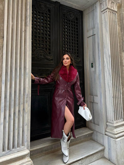 Zeyria Faux Fur Collar Leather Coat