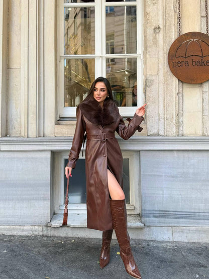 Zeyria Faux Fur Collar Leather Coat