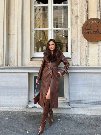 Zeyria Faux Fur Collar Leather Coat