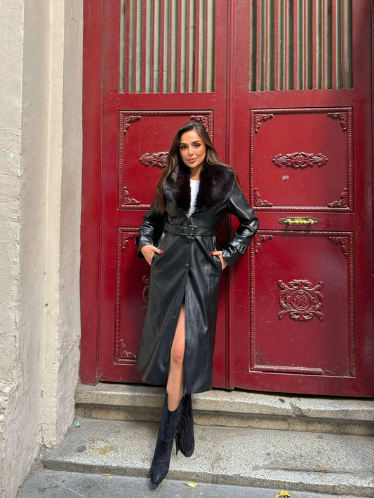 Zeyria Faux Fur Collar Leather Coat