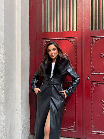 Zeyria Faux Fur Collar Leather Coat