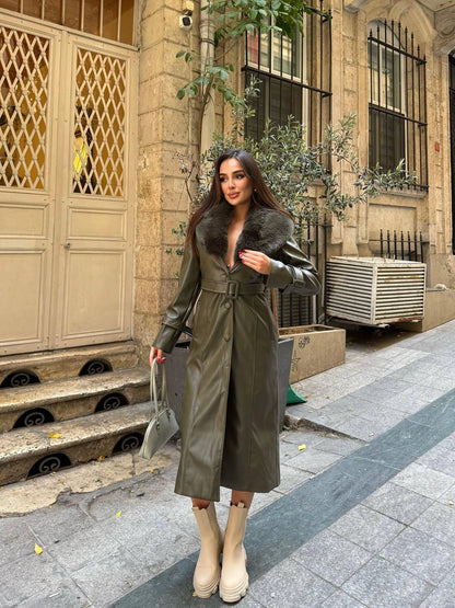 Zeyria Faux Fur Collar Leather Coat