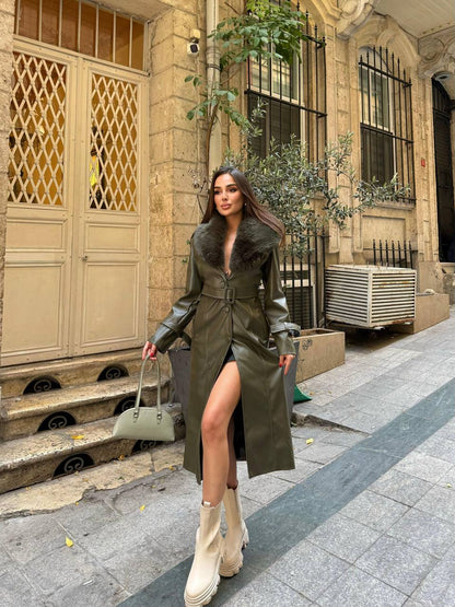 Zeyria Faux Fur Collar Leather Coat