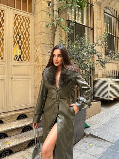 Zeyria Faux Fur Collar Leather Coat