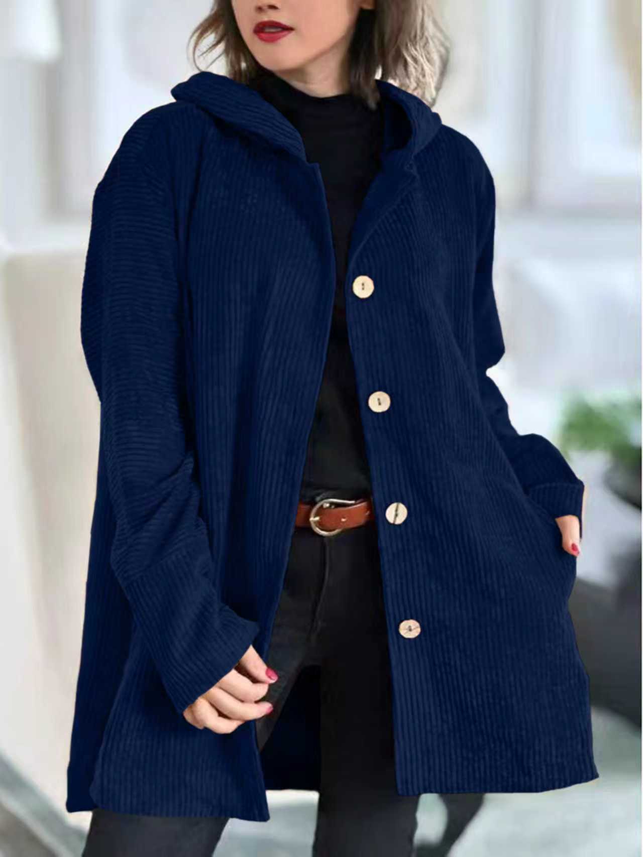 Fitilli Kadife Kapüşonlu Oversize Ceket