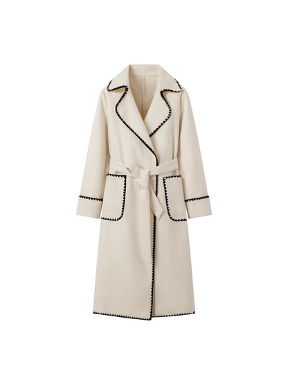 Kenar Dikiş Detaylı Kuşaklı Uzun Kaban