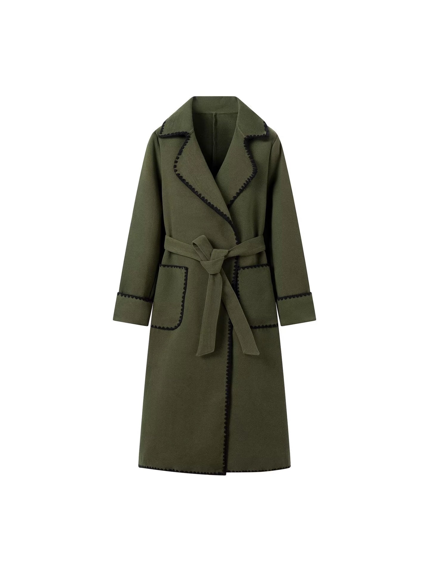 Kenar Dikiş Detaylı Kuşaklı Uzun Kaban