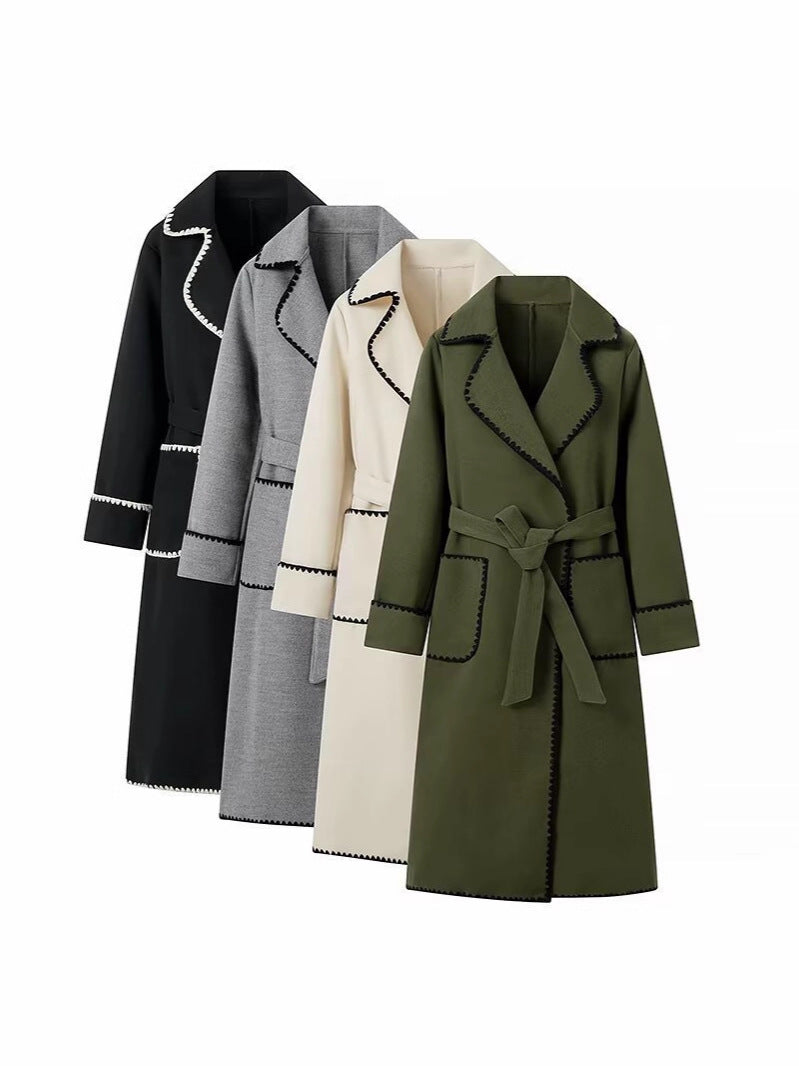 Kenar Dikiş Detaylı Kuşaklı Uzun Kaban