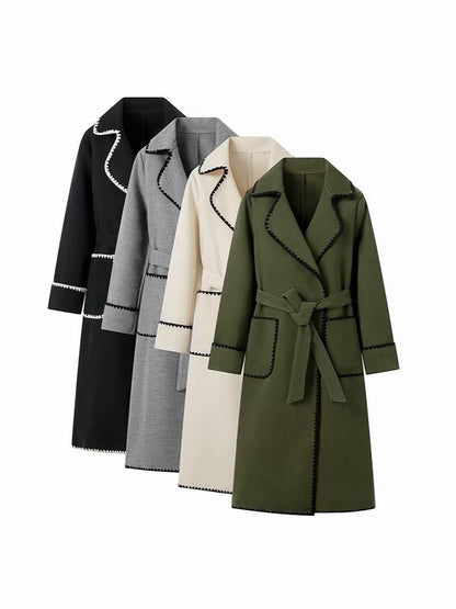 Kenar Dikiş Detaylı Kuşaklı Uzun Kaban