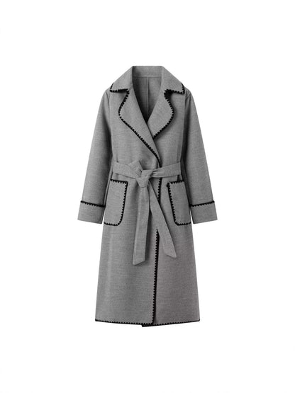 Kenar Dikiş Detaylı Kuşaklı Uzun Kaban