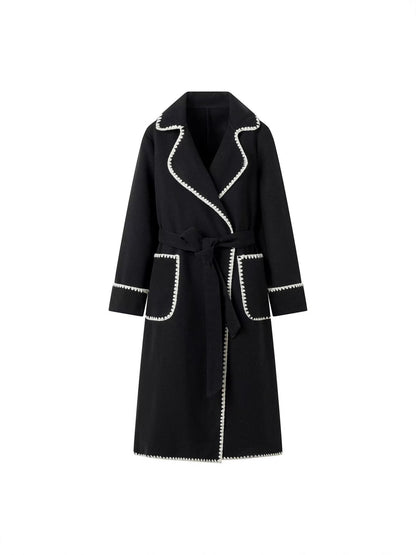 Kenar Dikiş Detaylı Kuşaklı Uzun Kaban