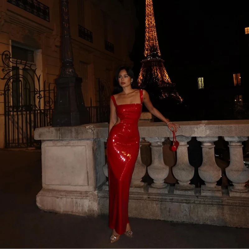 Zynara - Spagetti Askılı Pırıltılı Uzun Elbise