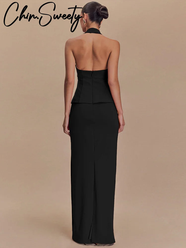 Elegant Halter Vest İkili Gece Elbisesi