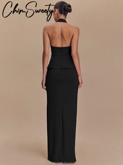 Elegant Halter Vest İkili Gece Elbisesi