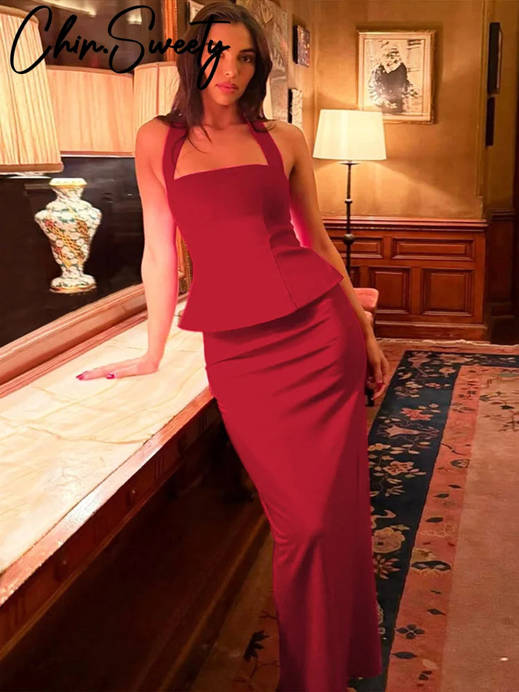 Elegant Halter Vest İkili Gece Elbisesi