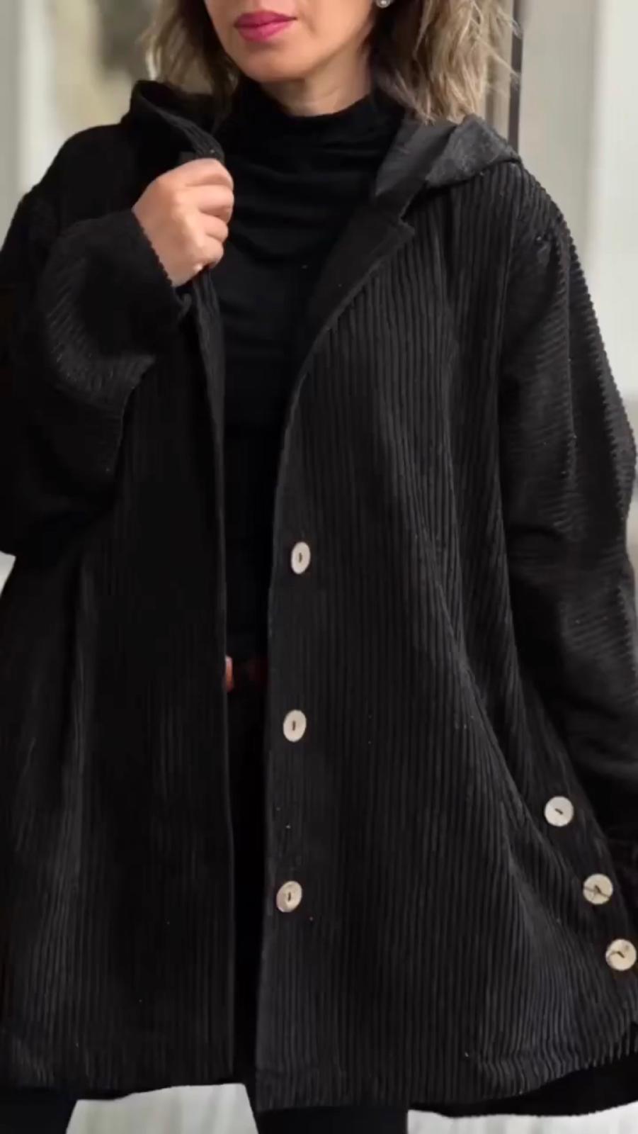 Fitilli Kadife Kapüşonlu Oversize Ceket