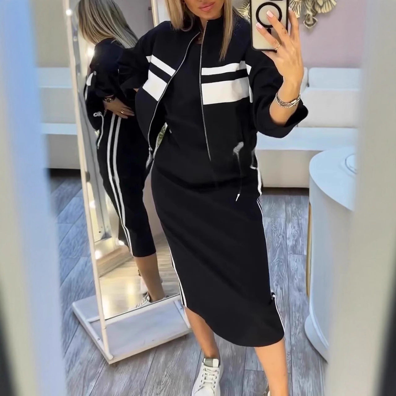 Çizgi Detaylı Fermuarlı İkili Takım